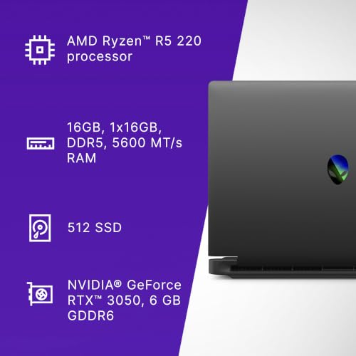 Image of Dell Alienware 15 Gaming Laptop, AMD Ryzen R5 220 Processor, NVIDIA GeForce RTX 3050 6GB, 16GB RAM, 512GB SSD, 15.3 inch WUXGA 300 nits Display, Alienware Backlit Keyboard, Win 11 + Office H&S'24, 2.25kg