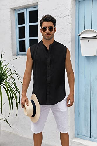 Bbalizko Mens Sleeveless Button Down Shirts Linen Cotton Summer Beach Basic Tank T-Shirt Tops (Medium, Z-Black) #TOP1