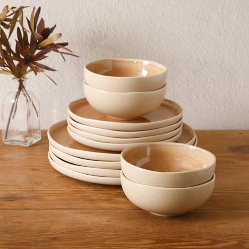 Image of Gibson Elite Manila Bay 12-Piece Stoneware Dinnerware Set, Service for 4, Reactive Glaze Modern Artisan Plates, Bowls & Mugs, Orange, Round Design