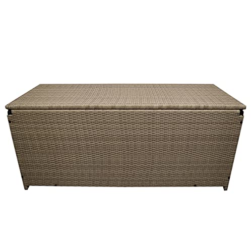 Image of Oakland Living Tan Indoor and Outdoor Balcony Patio Deck Porch Pool 113 Gallon Wicker Storage Box Trunk Bin with Metal Frame