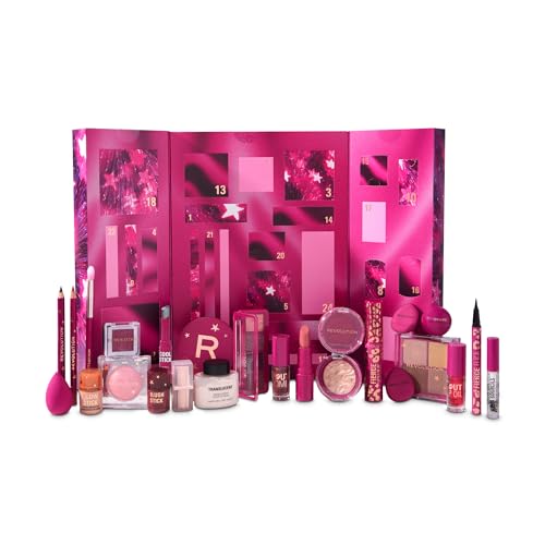 Revolution Makeup Advent Calendar 2025, 24 prodotti essenziali, cofanetto regalo con gloss, illuminante, blush, pennelli...