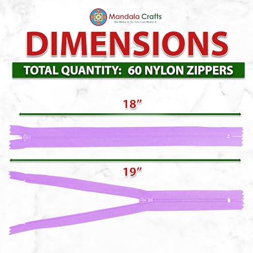 Image of Mandala Crafts 60 PCs Lilac Closed-End 18 Inches Nylon Zippers for Sewing