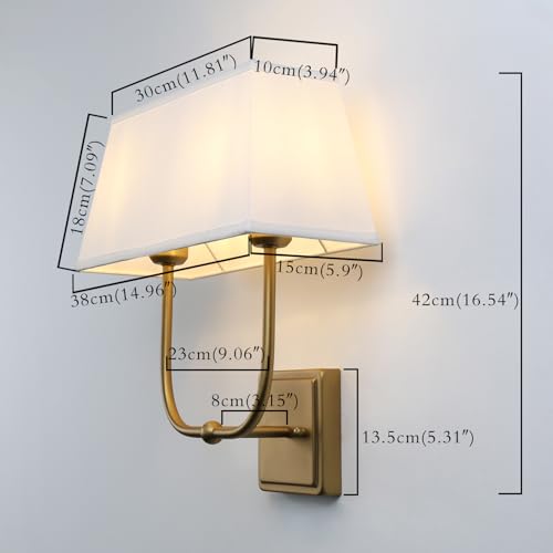Image of PERMO Transitional Double Sconce 2 Lights Indoor Sconce Wall Lighting with White Textile Fabric Square Shade for Bedroom Bedside Living Room (Antique Brass)