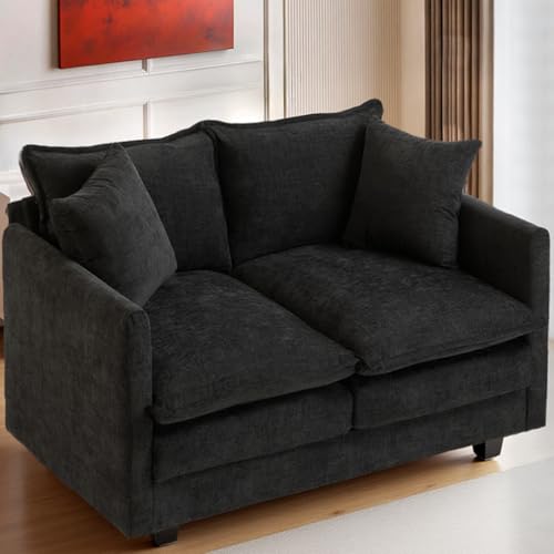 50 Inch Loveseat Sofa | Comfy Small Couch for Bedroom, Living Room, Office | Mini 2 Seater Sofa in a Box | Deep Seat with Double Layer Upholstered Cushion, Removable Cover, Chenille Fabric | Black