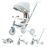 SOFTSEA 三輪車 子供用 手押し棒付き 折りたたみ 7in1 6ヶ月~6歳 座面回転 乗用玩具 ストッパー ベルト付き 収納バッグ 背もたれ角度調整可能 キッズバイク ベビーカー サンシェード (ブルー×ブラウン)
