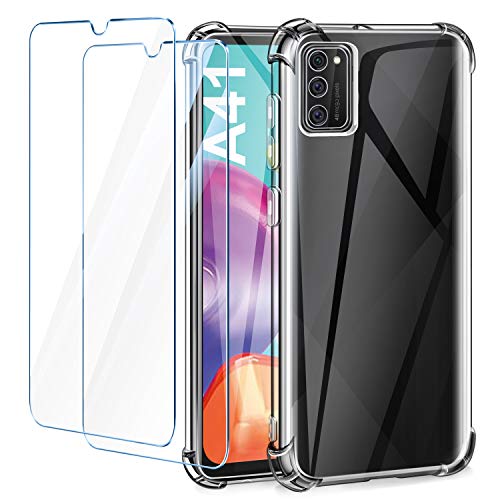 AROYI Funda Samsung Galaxy A41 + [2 Pack] Cristal Templado, [Reforzar la versión con Cuatro Esquinas] Ultra Flexible Transparente TPU Silicona Carcasa Protector Case para Samsung Galaxy A41