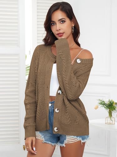 ZAFUL Womens Cable Knit Cardigan Button Down Crew Neck Sweater Loose Long Sleeve Open Front Jacket Outwear4