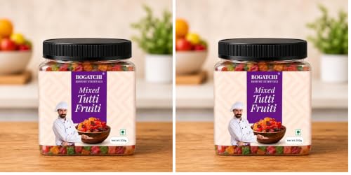 Image of BOGATCHI Mixed Tutti Frutti 200g | Multicolor Candied Fruit Bits for Cake Decoration, Ice Cream, Cookies, Muffins & Desserts | Fresh Fruit Topping for Baking & Garnishing | Includes Free Measuring Spoon