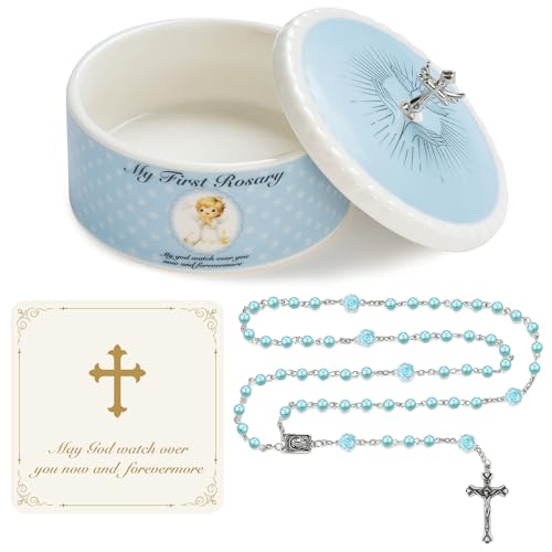 NORBU Baptism Gifts for Girl, My First Rosary with Ceramic Keepsake Box, Rosary for Kids, First Communion & Baby Dedication Gifts for Newborn Baby Boys from Godmother Catholic Christening Gift, Blue