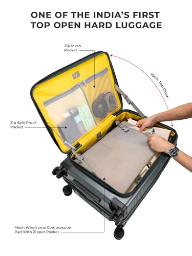 Image of EUME Aerotop Checkin Trolley Bag Medium | Space Saving Top Open Suitcase | Expandable Hardshell Polycarbonate Luggage | TSA Lock, Anti Theft Zipper, Super Silent Wheels | 78L Pine Green