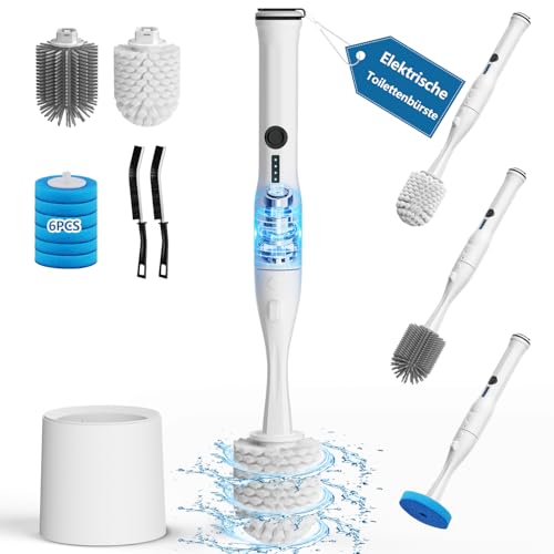 Elektrische Toilettenbürste und Halter, Leebein Elektrisches Toilettenbowl Scrubber Kit mit 8 Austauschbaren Bürstenköpfen, Einweg-Toilettenbürste mit 6 Reinigungsnachfüllungen, 2 Fugenbürsten