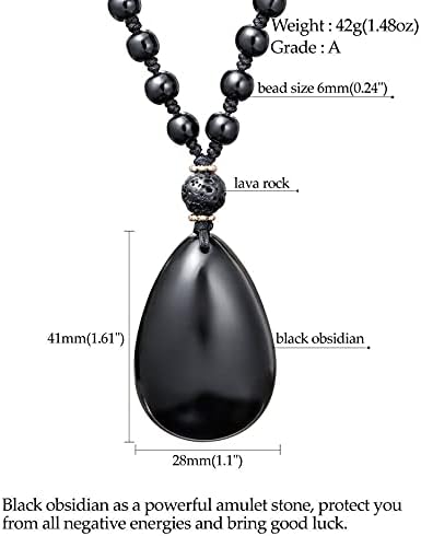Jewever Black Obsidian Waterdrop Pear Shape Pendant Necklaces for Women Men Protection Amulet Healing Power Reiki Gemstone Crystal Beaded Chain Adjustable - Image 5