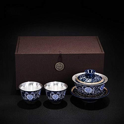 Silver Ceramic Silver Tea Cup Set Chinese fu Old Traditional Hot Water Coffee Tea Ware Set for Gift Adults Women (Color : Royal blue Size : Free) (Navy Blue Free)