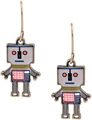 Spinningdaisy Folk Art Colorful Emotional Robot earrings White