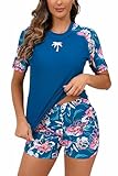 Halcurt Women Swim Shirts with Bra Rash Guard Uv UPF 50 Two Piece Swimsuits Blue L
