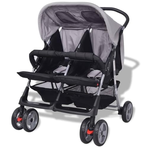 Ailgely Zwillingskinderwagen Geschwisterwagen Klappbares Design, bis 30 kg (2X 15 kg) für Zwillinge und Brüder von 0 Monaten, Kinderwagen Baby Kinder Kinderbuggy Reisebuggy Stahl Grau und Schwarz