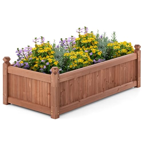 Image of COSTWAY Wooden Garden Planter, Rectangular Trough Box Flower Pot with Drainage Holes, Herb Vegetables Plant Flower Container for Indoor Outdoor Backyard Patio Balcony (117 x 59 x 40cm)