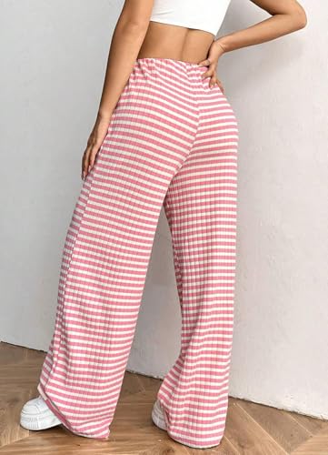 Image of Women's Casual Checkered Pants Drawstring Elastic Waist Comfy Loose Straight Wide Leg Plaid Pants with Pockets