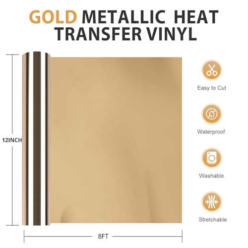 Image of HTVRONT Metallic Gold HTV Vinyl Roll - 12 inch x 8ft Gold Heat Transfer Vinyl for T Shirts, Gold Iron on Vinyl for All Cutting Machine - Easy to Use for Heat Transfer Project (Metallic Gold)