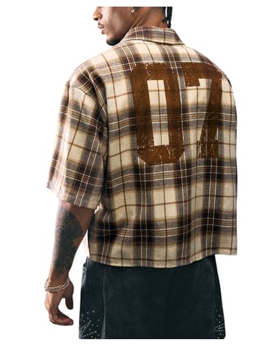GORGLITTER Men's Checkered Cropped Button Down Shirt Number Graphic Short Sleeve Vacation Crop Tops Brown X-Large