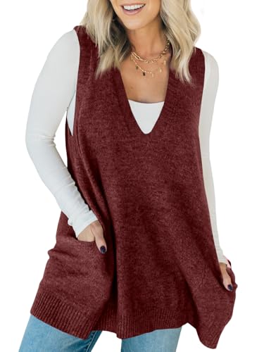 Saodimallsu Womens Sleeveless Sweater Vest V Neck Casual Loose Knit A Line Flattering Tunic Top with Pockets