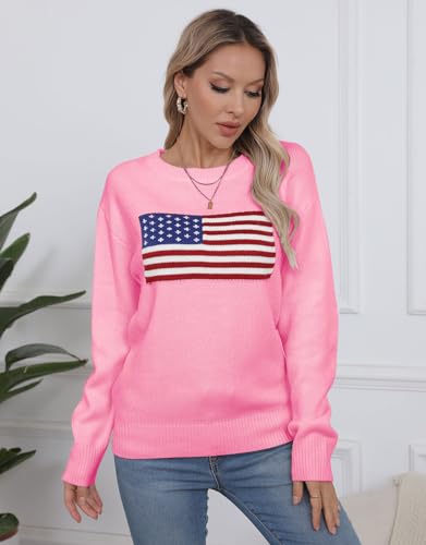 Image of Womens American Flag Sweater Long Sleeve Crew Neck Knitted Casual Pullover Sweater (Pink, X-Large)