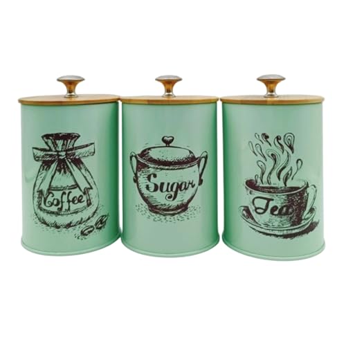 Image of XINYIN Vintage Green Kitchen Canisters Set 3 Pieces Home Accessory For Coffee Sugar Storage With Airtights Wood Lids Designs Dustproof Storage Jars