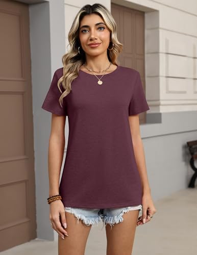 Zeagoo Womens Tops Short Sleeve Tshirts Crewneck Basic Summer Outfit Casual Plain Shirts Lasies Tee Shirts Dark Red — view 4