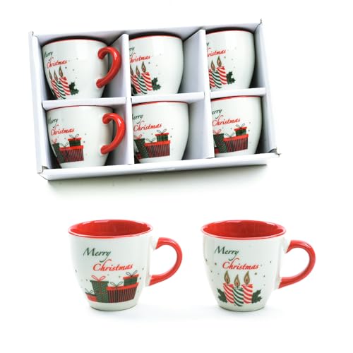 Generico Set 6 Tazze da Caffè Natalizie 100 ml – Ceramica Bianca e Rossa “Merry Christmas”