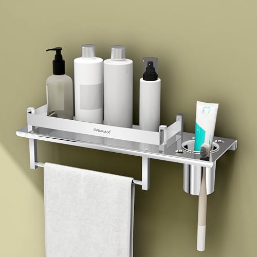 Image of Plantex (Primax) Stainless Steel Nickel 3 in 1 Multipurpose Bathroom Shelf, Towel Hanger (Chrome, Silver, 15 x 5 Inches)