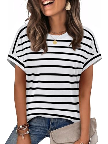 WIHOLL Womens Tops Summer Outfits Spring Clothes Short Sleeve Tshirts Shirts 2026 Fashion Business Casual Lightweight Blouses Black & White Stripes XL