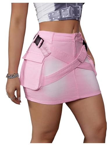 Floerns Women's Bodycon Denim Cargo Skirt Criss Cross Mini Jean Skirts with Pocket