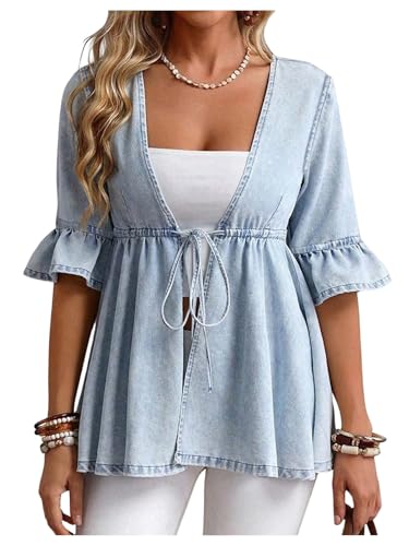 WDIRARA Women's Plus Size Tie Front Deep V Neck Denim Jackets Jean Peplum Outerwear Blue Large Plus