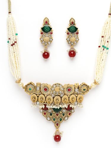 Image of Adiva Stylish Traditional Gold-Plated Kundan Stone Pearls & Beads Meenakari Handcrafted Necklace with Earrings Jewellery Set for Women & Girls