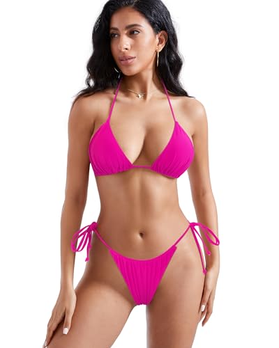 MOSHENGQI Women Sexy Brazilian Bikini 2 Piece Spaghetti Strap Top Thong Swimsuit Bathing Suit(S,0Hot Pink-Rose)