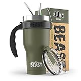 BEAST 40 oz Army Green Tumbler Set with Handle - Stainless Steel Coffee Cup + 2 Straws Brush, Gift...
