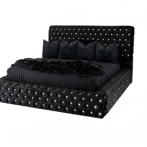 Image of Atomic Sleep Crushed velvet Park Lane Ambassador Bed Frame - Mattress/Gas Lift Optional - UK Made (Black Crush, Double 4ft6 with bed frame and slats only)