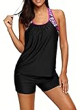 Dearlove Women's Blouson Floral T-Back Push Up Tankini Top Halter Padded Slimming Swimsuit Sporty Swimwear Black Plus Size XXL 18 20