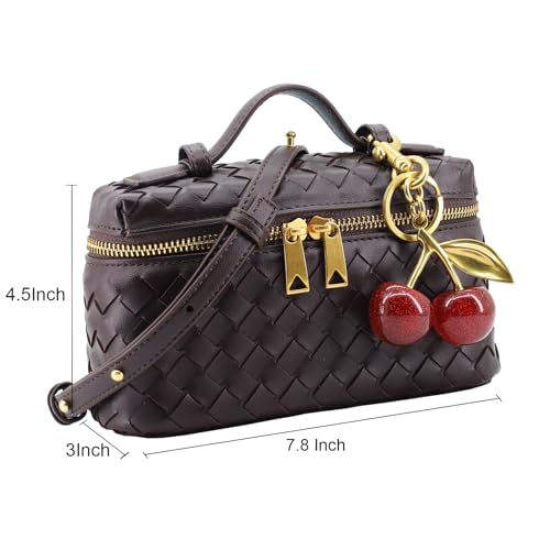 Image of Small Woven Box Crossbody Bags for Women Designer Leather Mini Top Handle Clutch Purse Square Vanity Bag with Cherry Charm