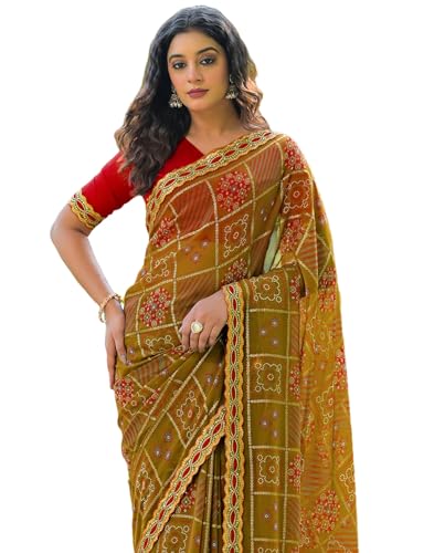 Image of SIRIL Women's Georgette Bandhani Printed Saree with Unstitched Blouse Piece