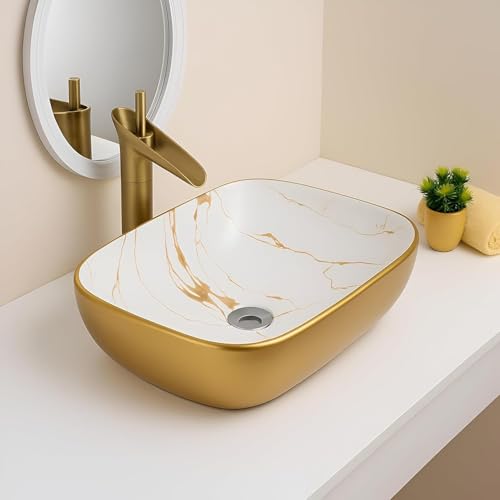 Image of Premium Designer Table Top Ceramic Wash Basin with Slim Rim, Modern Vessel Sink for Bathroom Vanity, Glossy White Countertop Basin, 18 x 13 x 5.5 Inch
