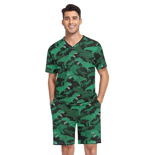 Men's Short Sleeve Pajama Set Dinosaur Green Summer Pjs Set 2 Piece Loungewear Sleepwear with Pockets