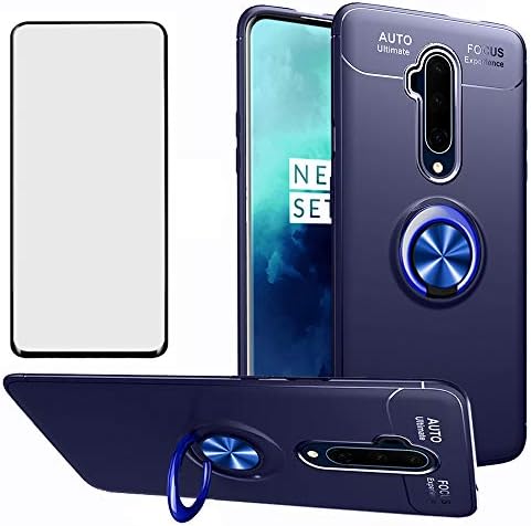Asuwish Phone Case for OnePlus 7T Pro OnePlus7TPro 5G Mclaren Edition with Tempered Glass Screen Protector Cover and Magnetic Ring Holder Kickstand Cell Accessories Soft One Plus 7TPro Women Men Blue
