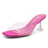 Clear Heels for Women | Kitten Heeled Slides with Square Open Toe | Low Transparent Mules Slip-On Dressy Clear Sandals for Prom, Party & Formal Events