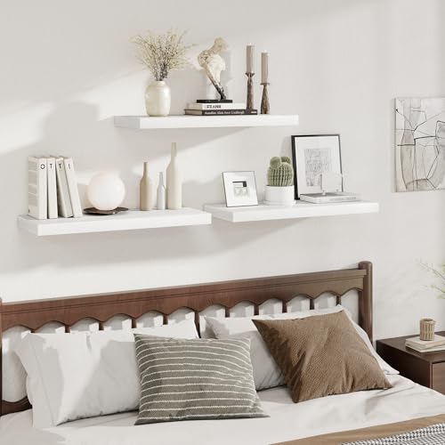 Image of Fun Memories 12 Deep Floating Shelves for Wall | 30W x 12D Large Floating Shelves | 2 Pack Storage Space Wall Mount Shelf for Living Room Bathroom Toilet Laundry Room Kitchen Home Office - White