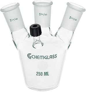 Chemglass CG-1572-03 Series CG-1572 European Style Taper 4-Neck Flask, 1 Center Neck 24/40 Outer Joint, 2 Side Neck 24/40 Outer Joint, 1 Side Neck #7 Chem-Thread Inlet, Angled 20Â°, 250 mL