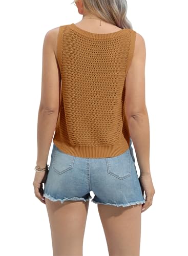 Image of FISACE Womens Crochet Tank Top Sleeveless Knit Summer Sweater | Round Neck, Hollow Out, Lightweight , Casual Crop,Cute Boho Vest