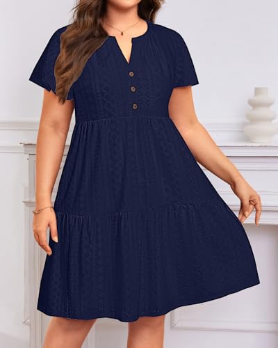 Image of Plus Size Summer Dress Casual Short Sleeve Button Midi Sun Dresses Women