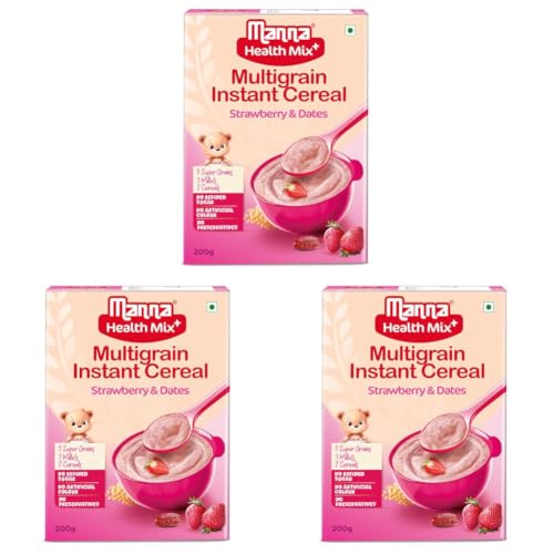 Image of Manna Health Mix Instant Multigrain Cereal, Strawberry, Banana, Dates, with Milk. Made with Real Fruits and 7 Supergrains and Millets. No Added Sugar, No Artificial Colour, Flavours 200g (Pack of 3)