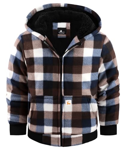 Image of V VALANCH Boys Flannel Jacket Hooded Fleece Lined Zip-up Hoodies Plaid Coat for Kids
